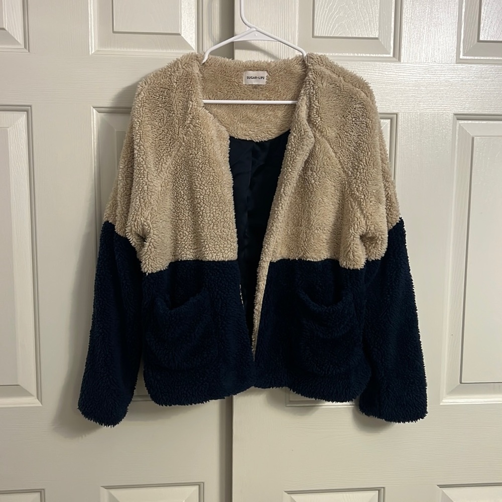 C21- Sugar+Lips Cream Blue Shearling Long Sleeve Cardigan Sweater Size Large